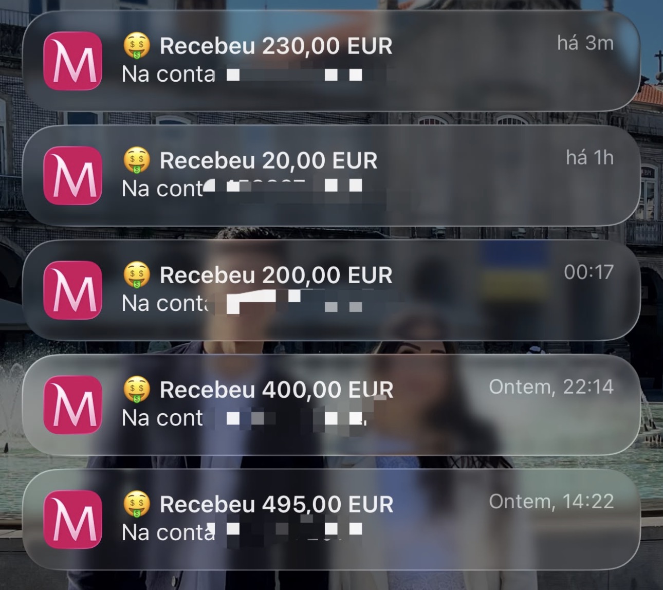 Notificações de pagamentos recebidos em euros